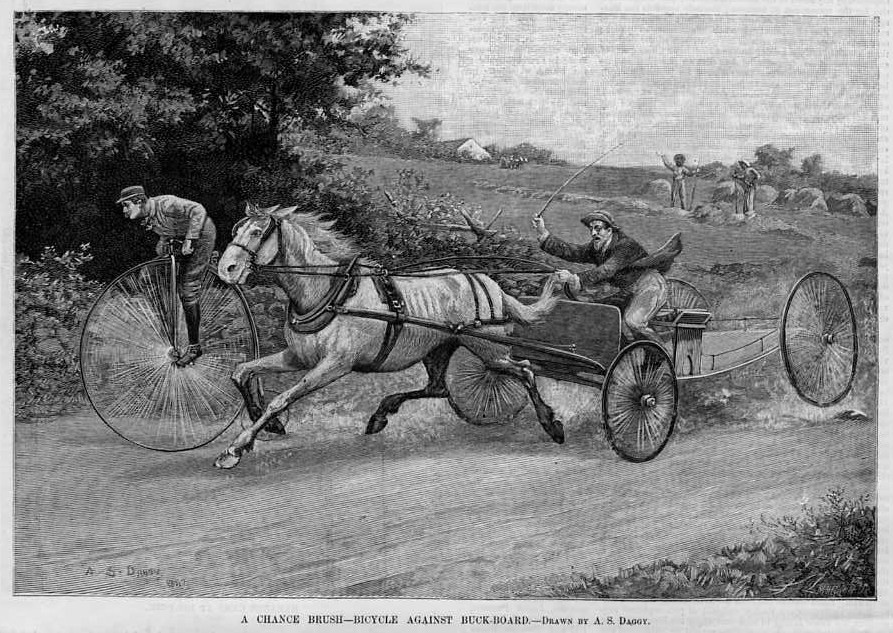HIGH WHEEL BICYCLE VS BUCKBOARD HORSE CARRIAGE BICYCLE RACE ANTIQUE