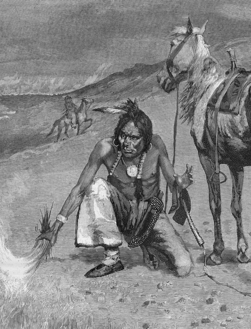 FREDERIC REMINGTON 1887 INDIAN BURNING THE RANGE STARTING FIRE HORSES SADDLE