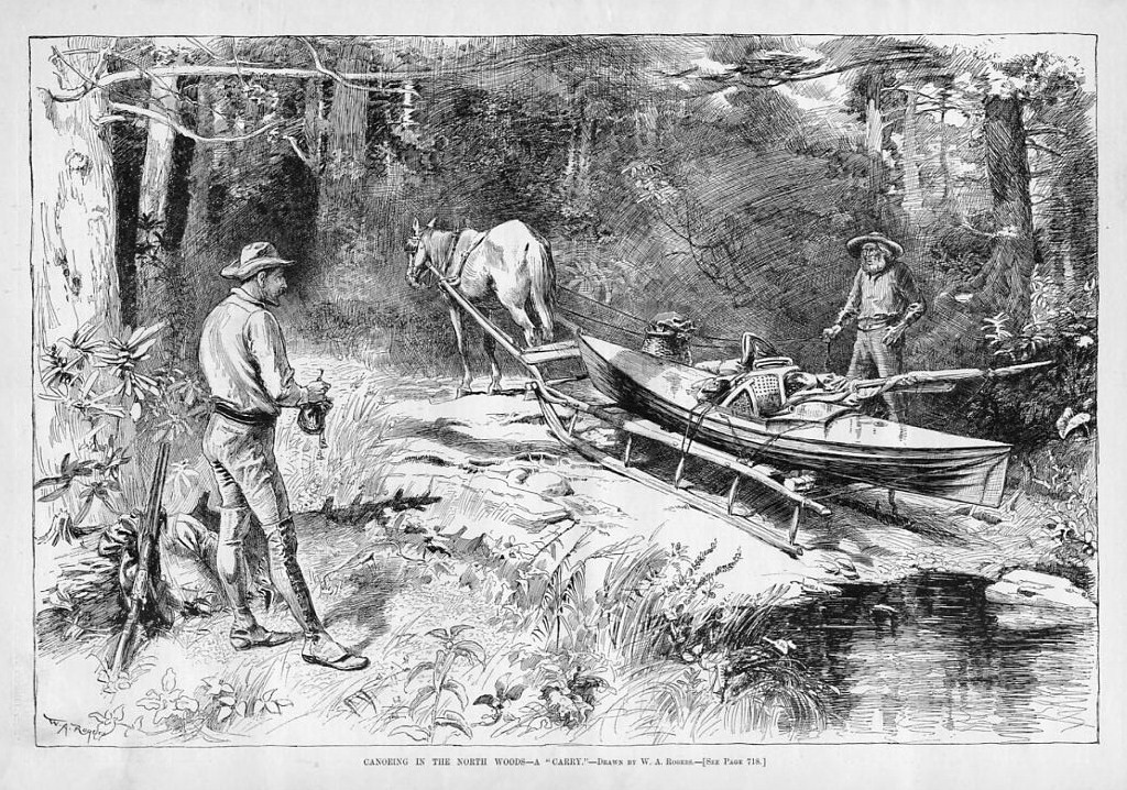 CANOE PORTAGING IN THE NORTH WOODS HUNTERS KAYAK CANOEING HORSE PULLING ...