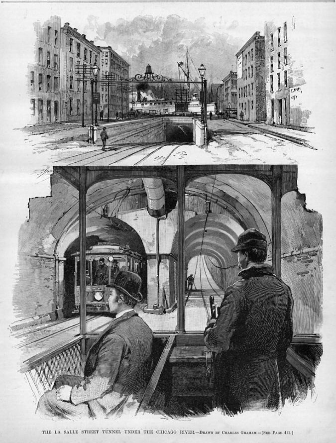 CHICAGO TUNNEL UNDER THE CHICAGO RIVER CONSTRUCTION WORK SHIP ANTIQUE ENGRAVING