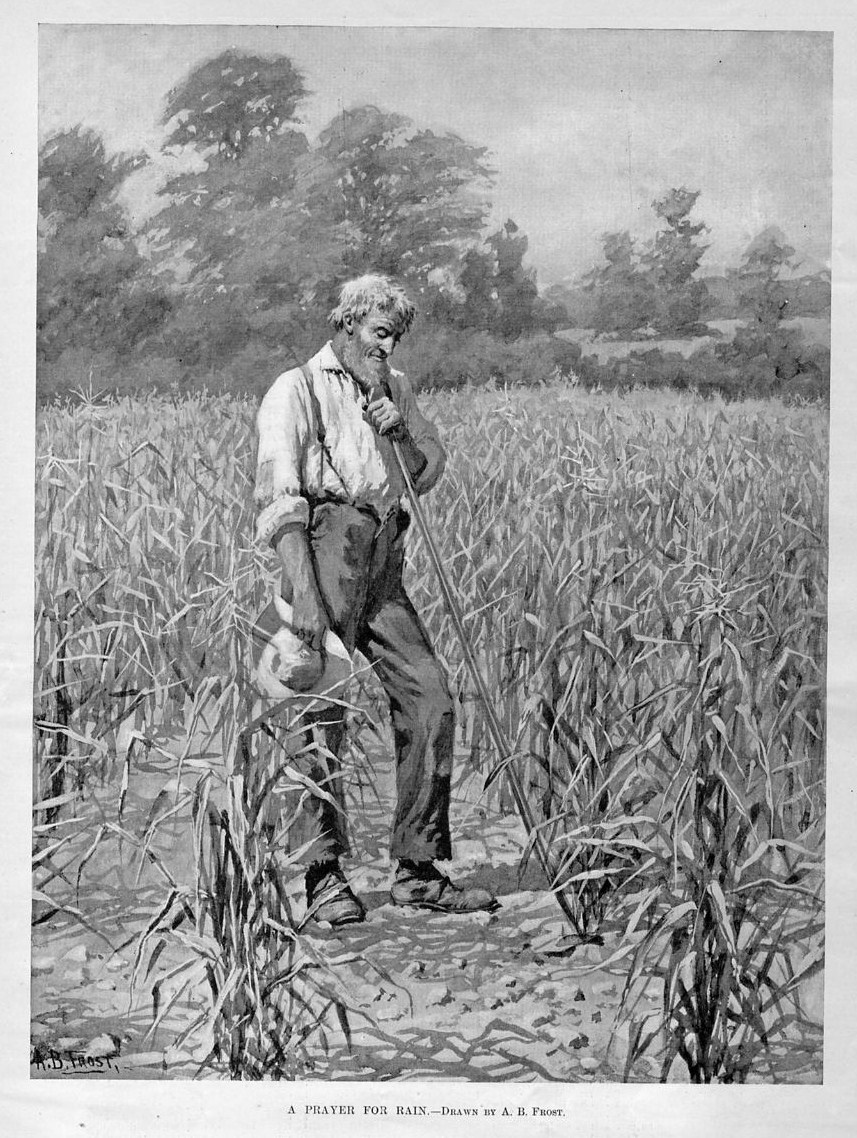 B FROST A HOE FARMER PRAYING FOR RAIN DRY CROPS