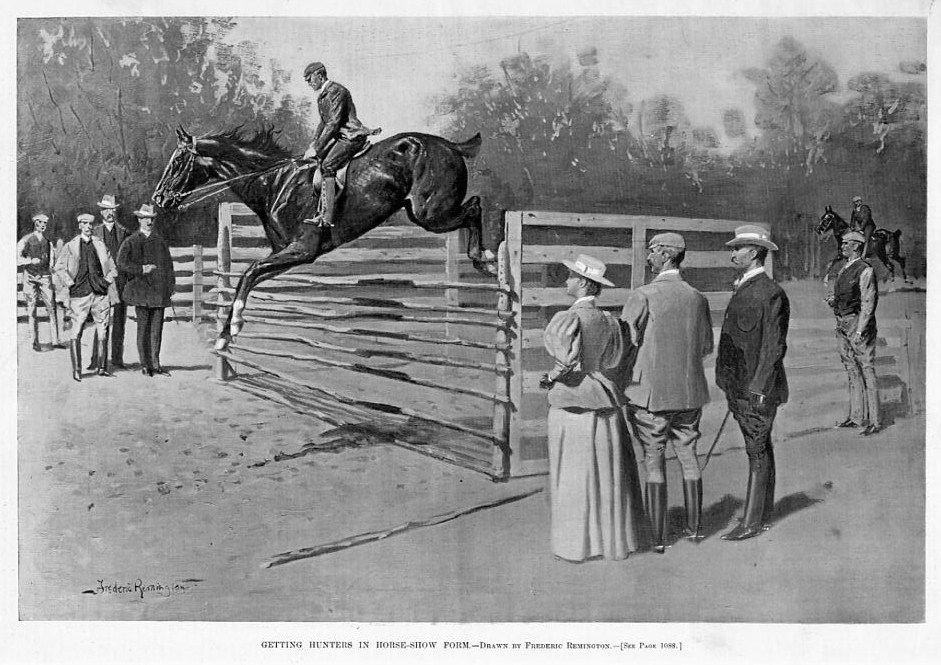 FREDERIC REMINGTON HORSES JUMPING FENCE GETTING HUNTERS IN HORSE SHOW FORM