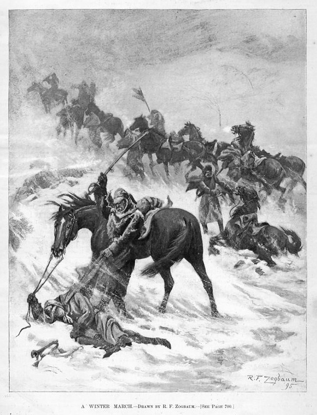 CAVALRY OFFICERS FROZEN, HORSES, WINTER IN BLACK HILLS