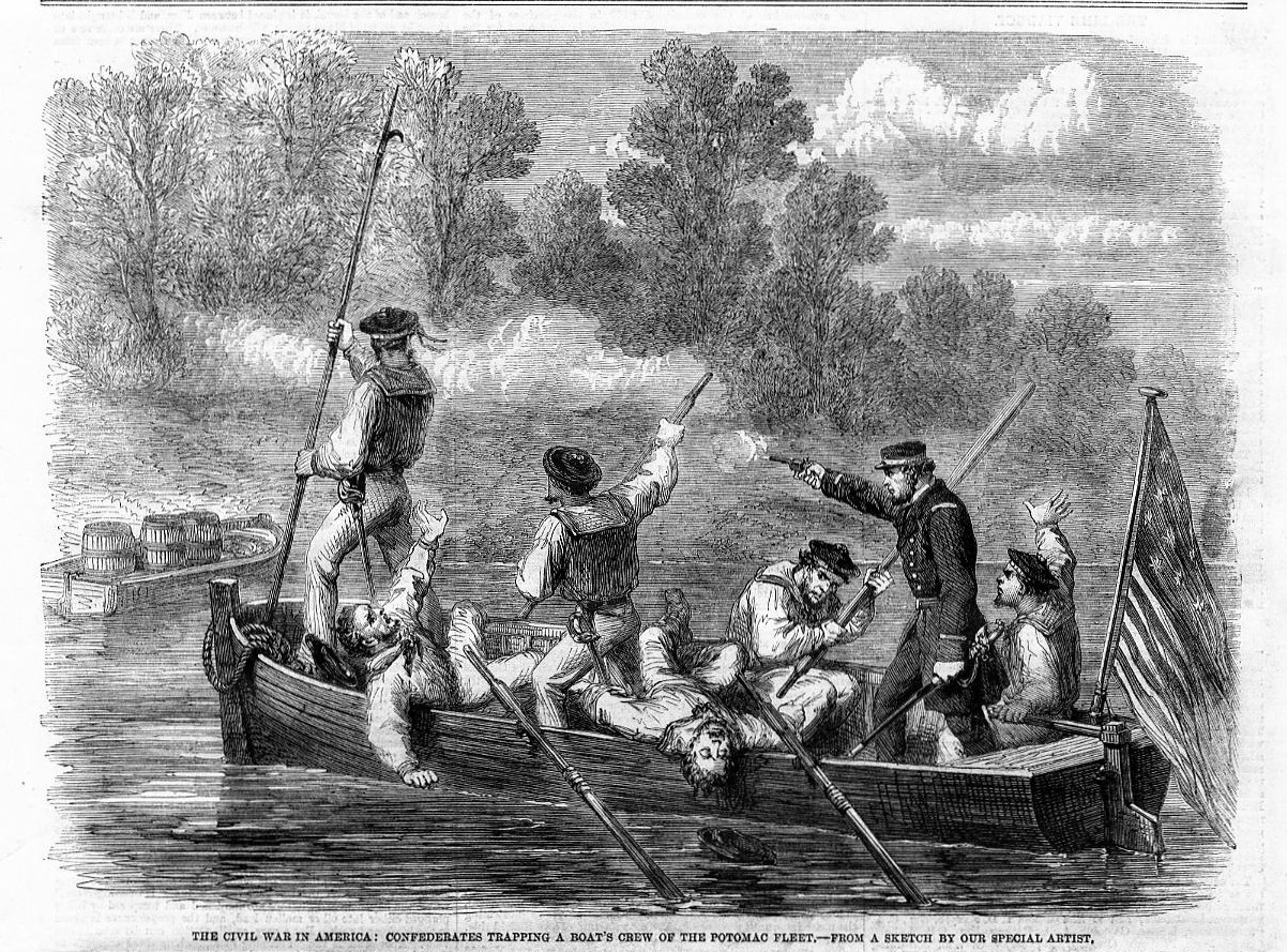 CIVIL WAR ANTIQUE ENGRAVING CONFEDERATES TRAPPING BOAT CREW OF THE