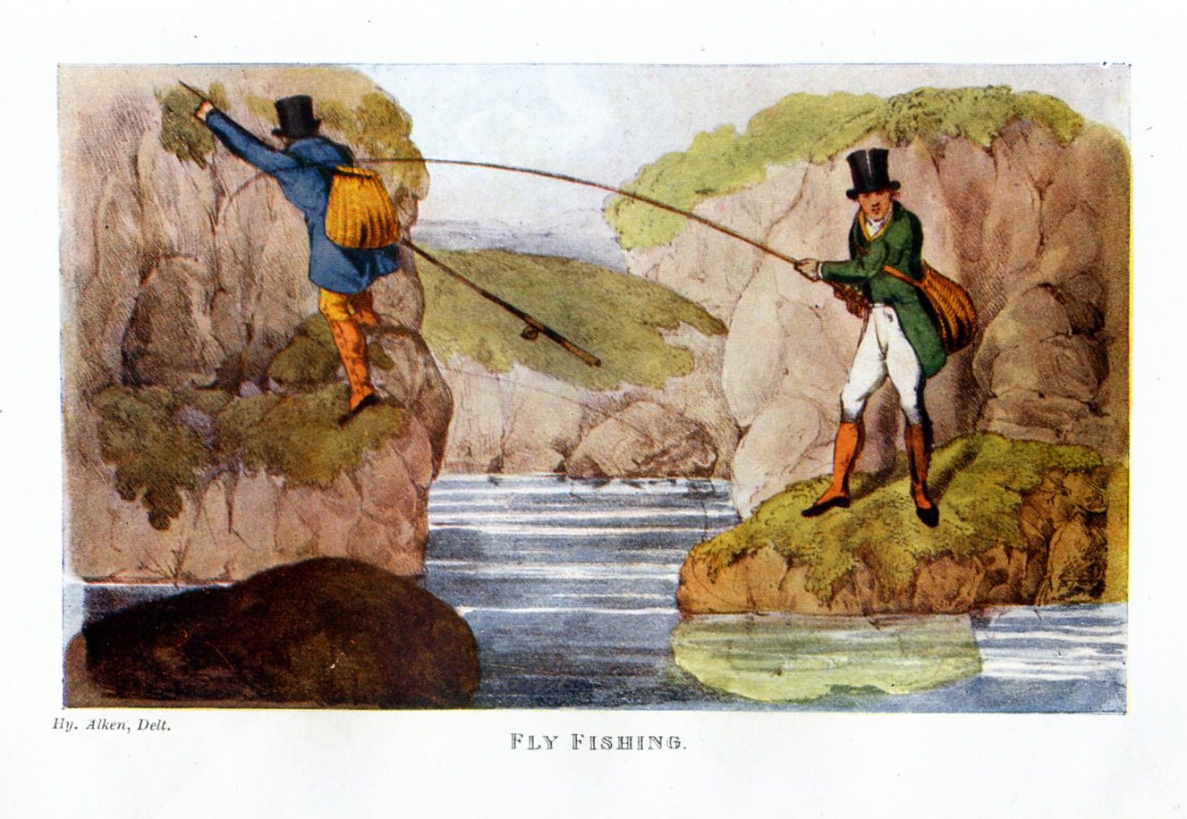 FLY FISHING FOR TROUT STREAM, VINTAGE COLOR SPORTING PRINT FISHERMAN