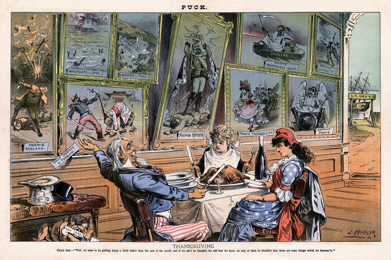 UNCLE SAM COLUMBIA AND PUCK THANKSGIVING TURKEY ANARCHISM BULLDOG