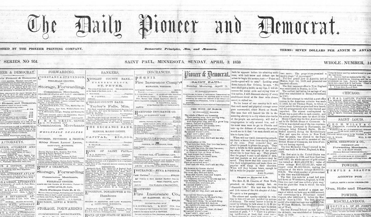 SAINT PAUL MINNESOTA DAILY PIONEER AND DEMOCRAT 1859 STEAMBOATS RARE