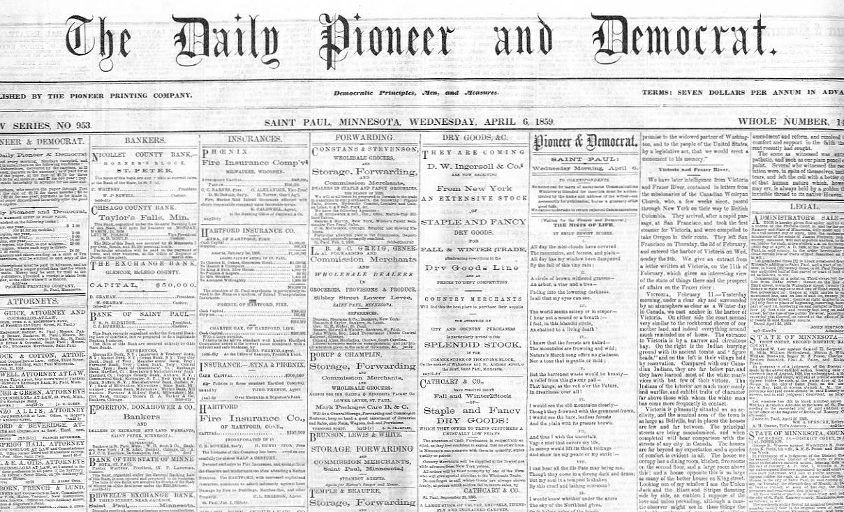 ST. PAUL DAILY PIONEER AND DEMOCRAT 1859 ORIGINAL RARE EARLY MINNESOTA